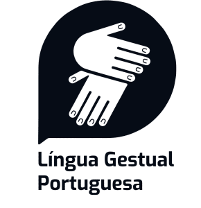Logo de um símbolo de mãos formando uma linguagem de sinais, representando a Língua Gestual Portuguesa (LGP), usado para promover acessibilidade e comunicação inclusiva.